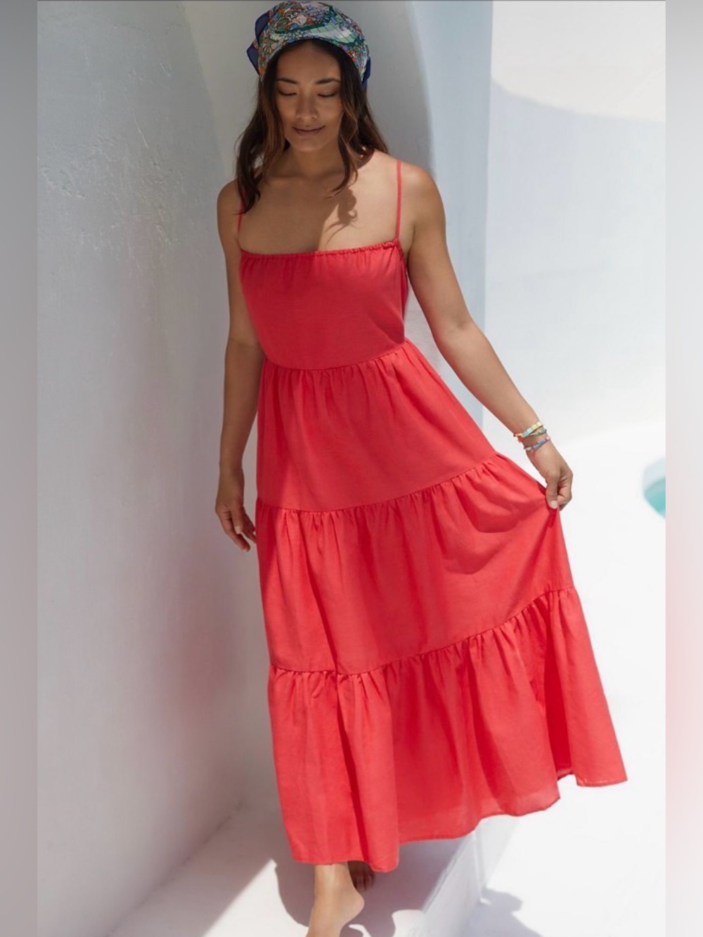 Anthropologie Charlie Holiday Jenna Maxi Dress Pink Tiered Linen Cotton Size 6